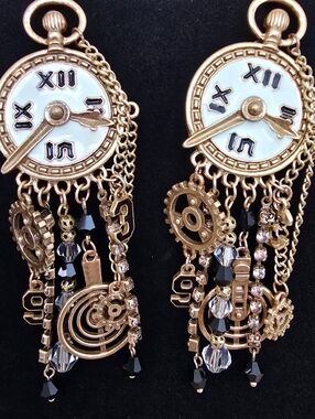Gold-tone Steampunk Pocket Watch Dangle Earrings with Black and White Accents